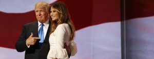 epaselect epa05431370 Donald Trump (L) escorts his wife Melania (R) after her speech during the second session on the first day of the 2016 Republican National Convention at Quicken Loans Arena in Cleveland, Ohio, USA, 18 July 2016. The four-day convention is expected to end with Donald Trump formally accepting the nomination of the Republican Party as their presidential candidate in the 2016 election.  EPA/MICHAEL REYNOLDS